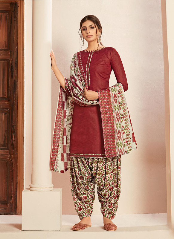 Dial N Fashion Maroon  Latest Designer Superior Cotton Printed Patiyala Suit