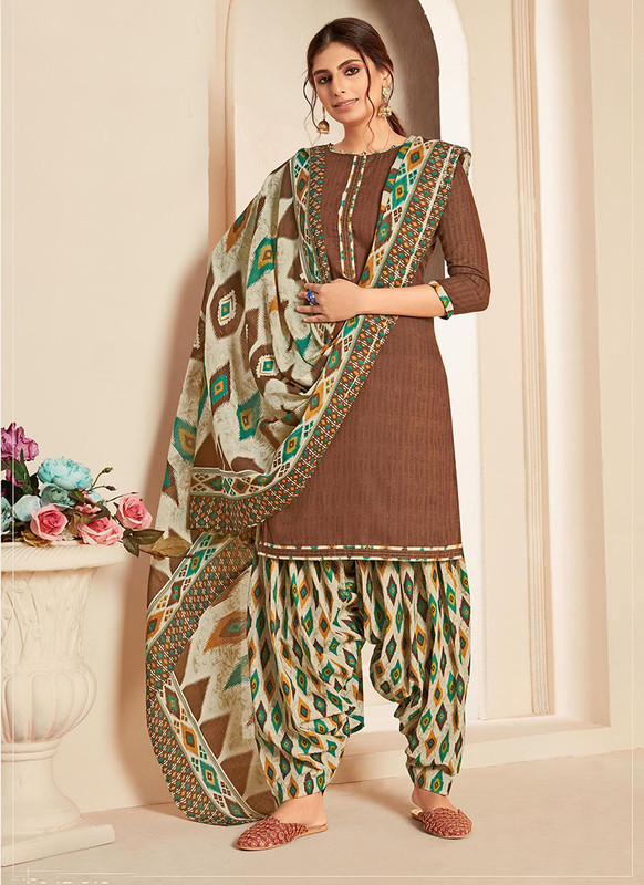 Dial N Fashion Brown  Latest Designer Superior Cotton Printed Patiyala Suit