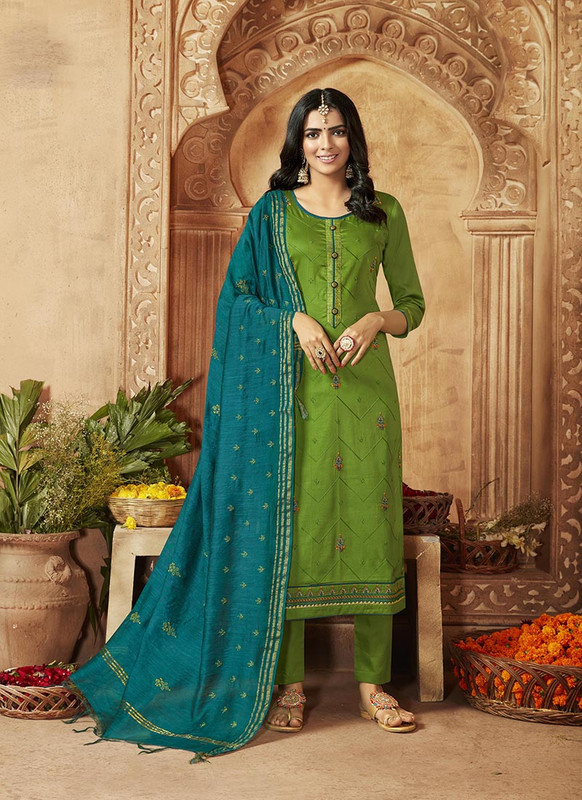 Dial N Fashion Green  Designer Jam Silk Cotton Party Wear Salwar Suit