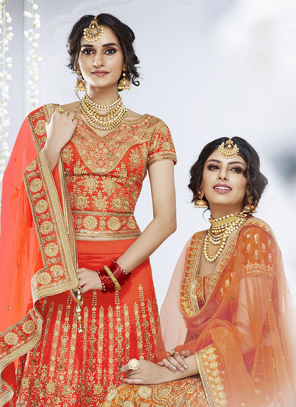 Dial N Fashion Redish Orange  Heavy Designer Weadding Wear Bridal Lehenga Choli