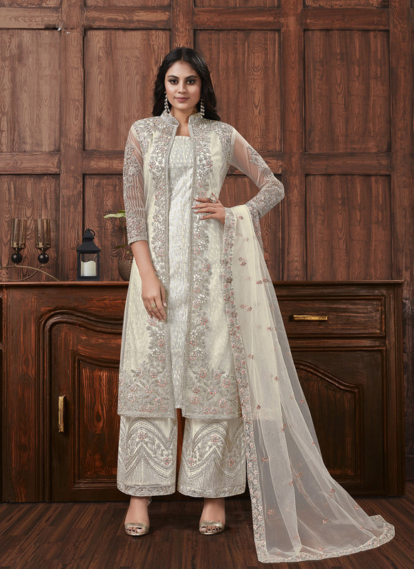 Dial N Fashion Off White  Designer Heavy Thread Embroidered Indo Weastern Suit