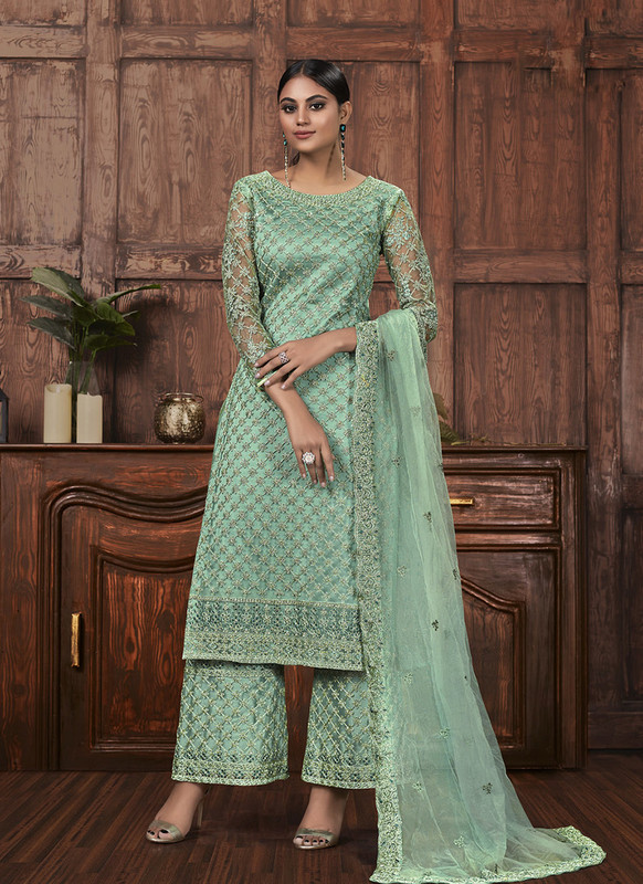 Dial N Fashion Green  Designer Heavy Thread Embroidered Indo Weastern Suit