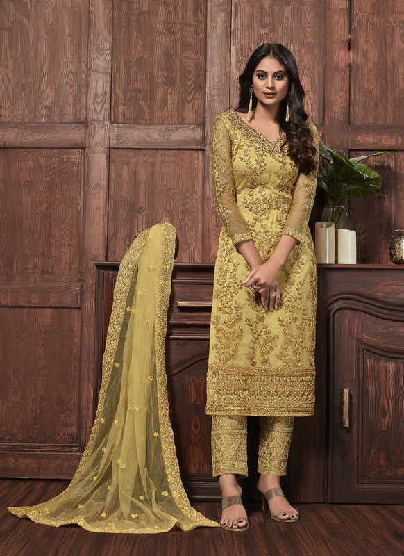 Dial N Fashion Yellow  Designer Heavy Thread Embroidered Indo Weastern Suit