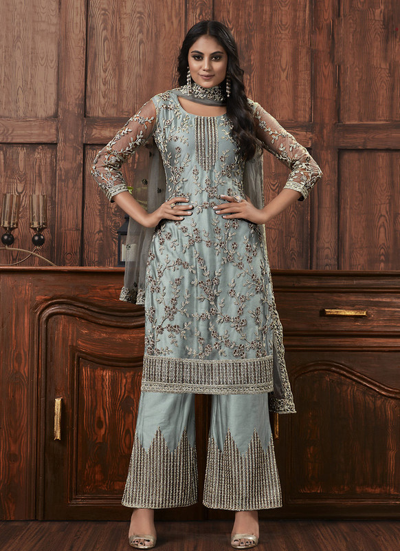 Dial N Fashion Grey  Designer Heavy Thread Embroidered Indo Weastern Suit