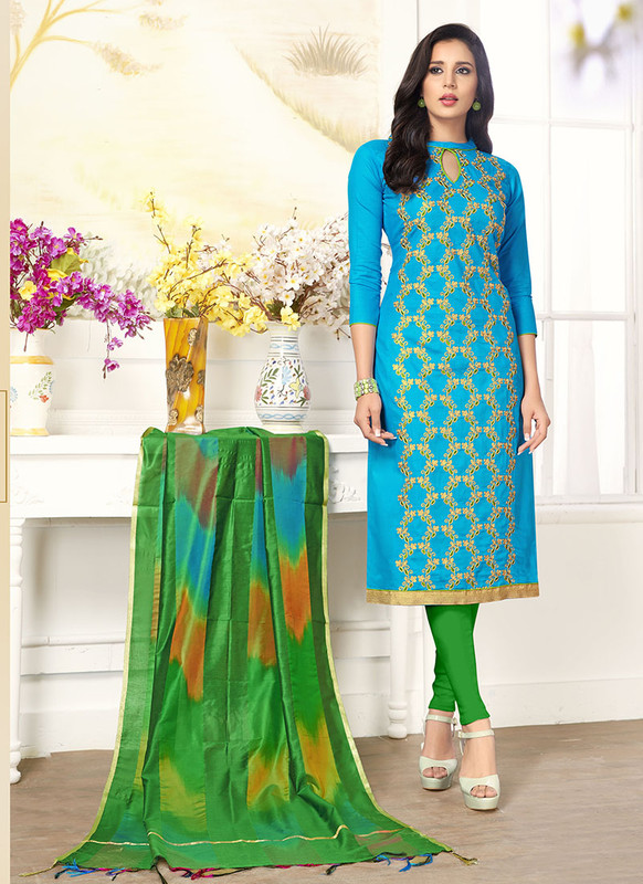 Dial N Fashion Sky Blue  Designer Embroidered Cotton Salwar Suit