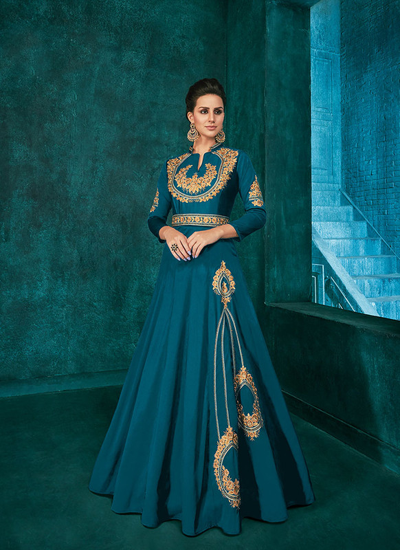 Dial N Fashion Teal Blue  Designer Party Wear Triva Silk Gown