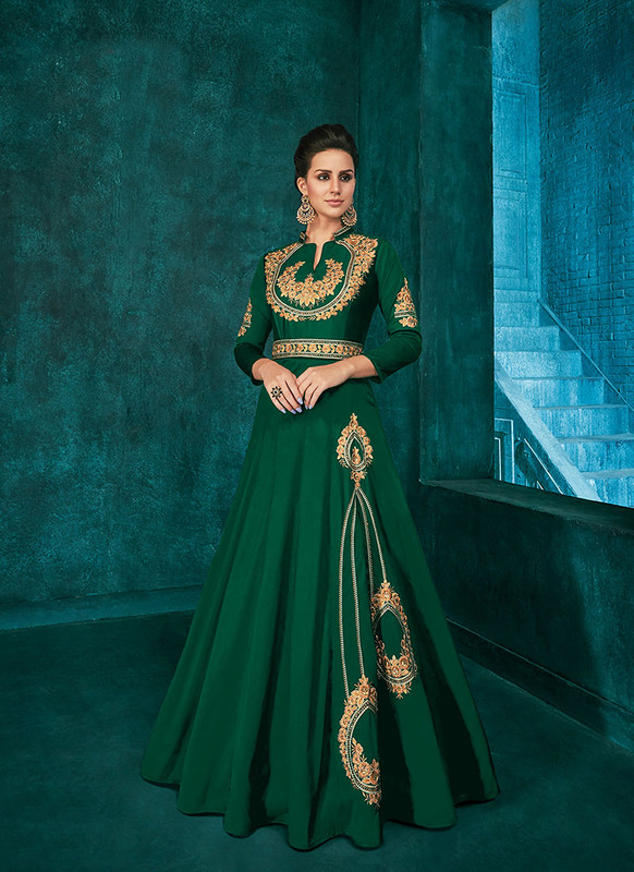 Dial N Fashion Green  Designer Party Wear Triva Silk Gown
