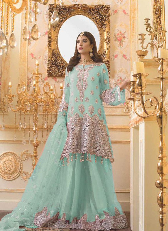 Dial N Fashion Aqua  Designer Party Wear Pakistani Style Mono Net Suit