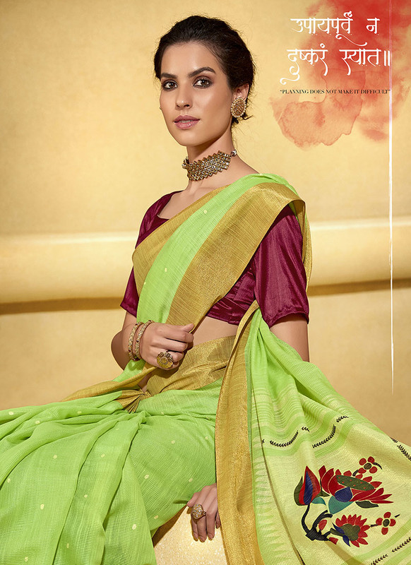 Dial N Fashion Light Green  Designer Fancy Printed Party Wear Linen Saree