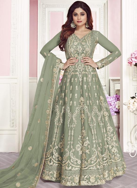 SareeBuzz Designer Partywear Moss Green Silk Salwar Suit