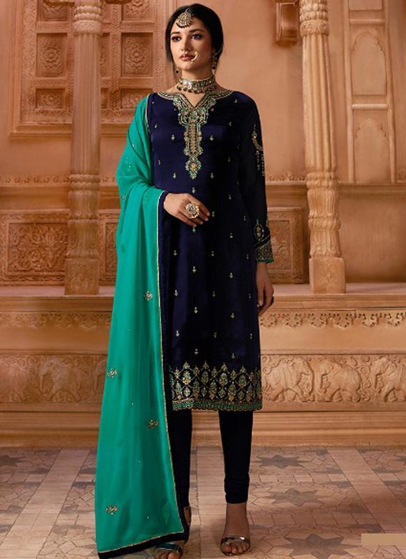 SareeBuzz Designer Partywear Embroidery Navy Blue Satin Georgette Salwar Suit