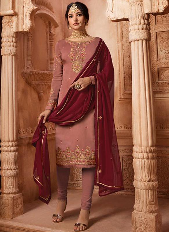 SareeBuzz Designer Partywear Embroidery Rosy Brown Satin Georgette Salwar Suit
