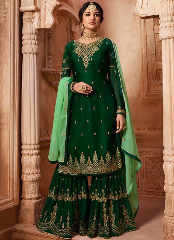 SareeBuzz Designer Partywear Embroidery Dark Green Satin Georgette Salwar Suit