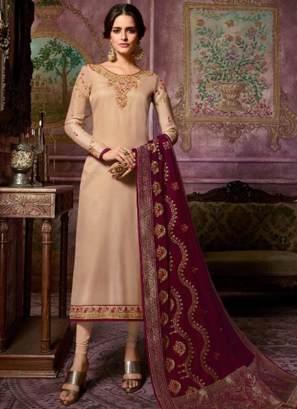 SareeBuzz Designer Partywear Embroidery Light Brown Satin Georgette Salwar Suit