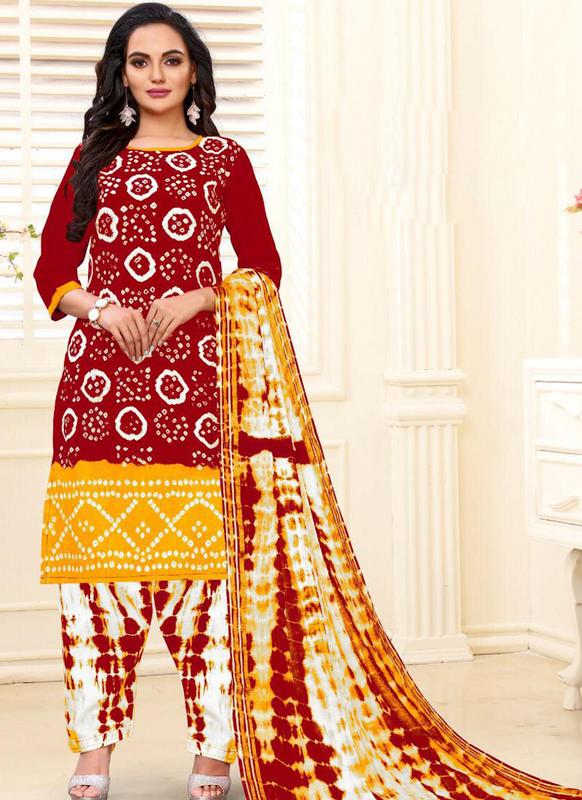 SareeBuzz Designer Casual Printed Red and Yellow Pure Cotton  Salwar Suit