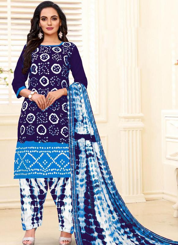 SareeBuzz Designer Casual Printed Navy Blue and Sky Pure Cotton  Salwar Suit