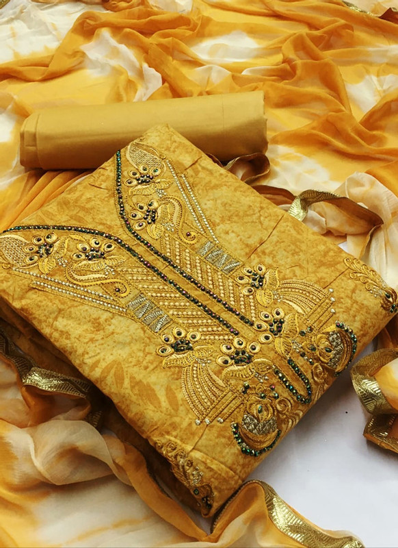 Dial N Fashion Kesari Alluring Yellow Cotton Embroidered Work Designer Salwar Kameez