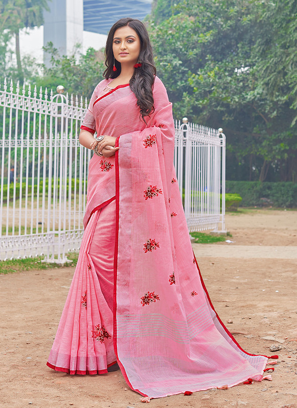 Sangam Amyra Pink Designer Linen Saree