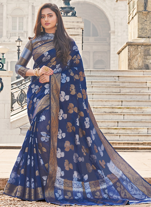 Sangam Pallavi Silk Desinger Cotton Saree Blue
