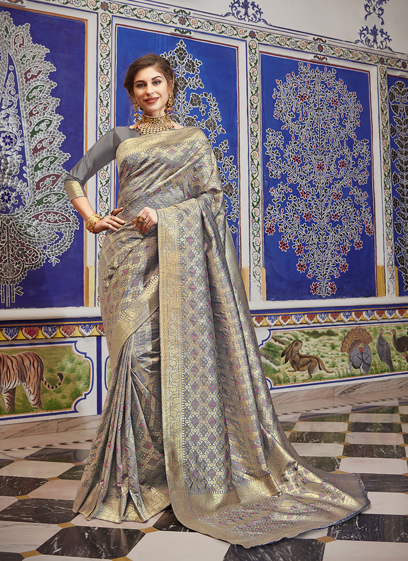 Sangam Silk Patola Grey Designer Silk Saree