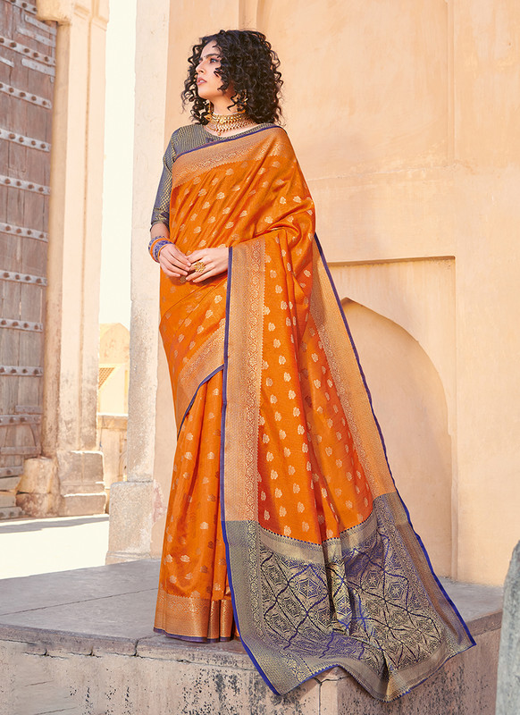 Sangam Shehnai Designer Handloom Silk Orange Saree