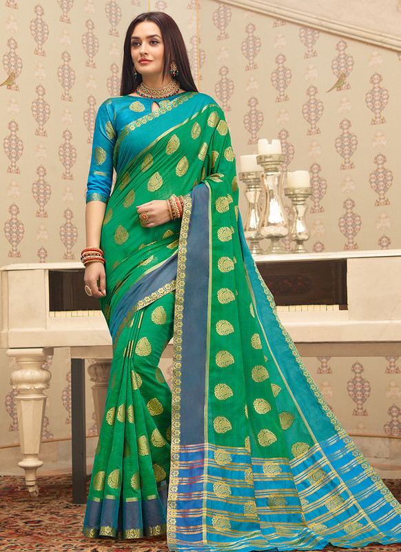 Sangam Tantra Designer Green Cotton Saree