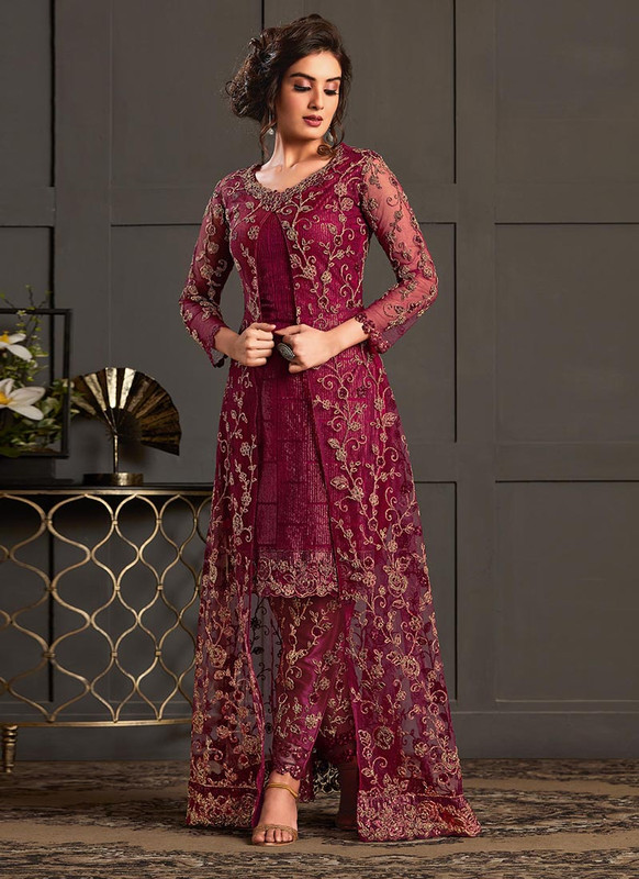 Vipul Elliza Maroon Net Designer Floor Length Salwar Suit