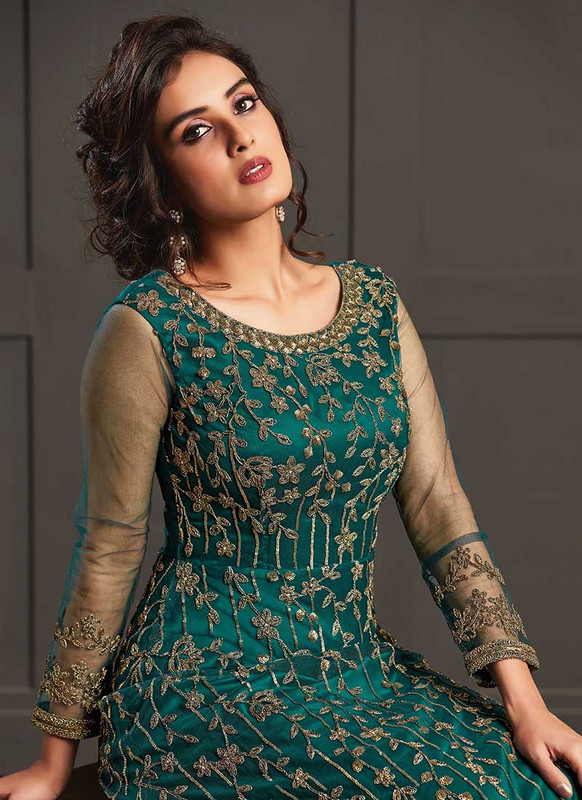 Vipul Elliza Green Net Designer Floor Length Salwar Suit