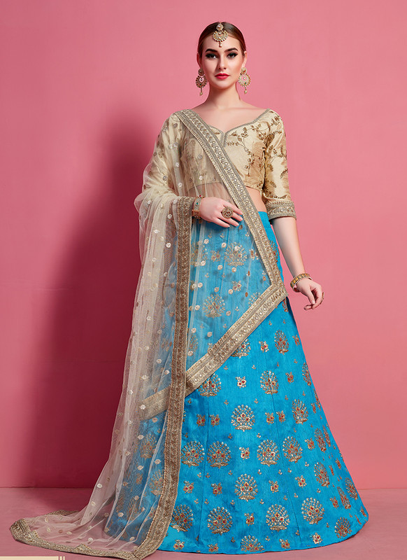 Sareetag Arya Designs Sky Blue Attractive Party Wear Lehenga Choli