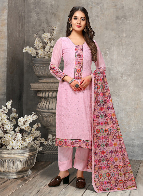 Kalamkari Chaderi Embroidered Pink Designer Suit