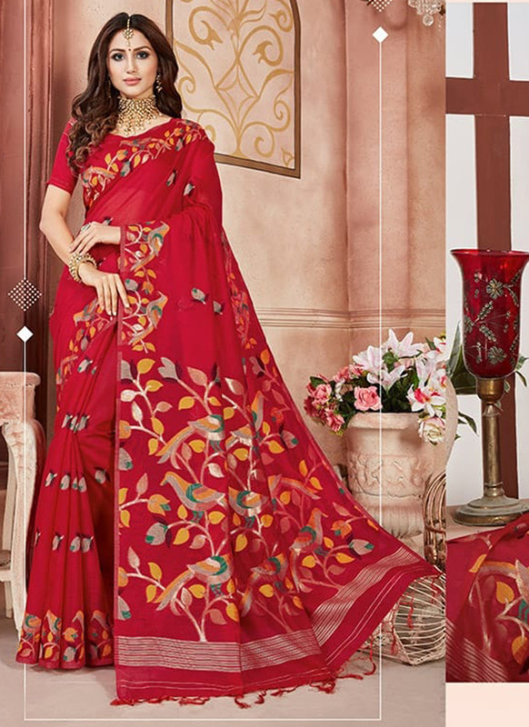 Dial N Fashion Red Designer Linen Silk Casual Wear Saree