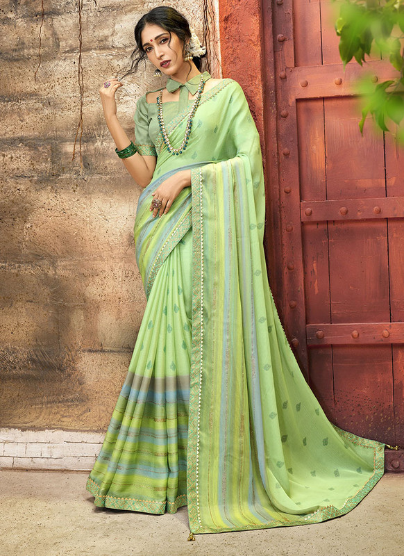 Dial N Fashion Green Designer Printed Casual Wear Chiffon Saree