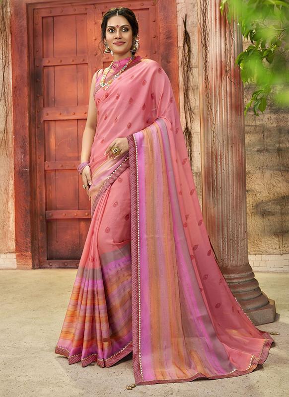 Dial N Fashion Pink Designer Printed Casual Wear Chiffon Saree