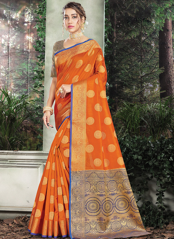 Handloom Silk Saree From Sangam In Orange Color