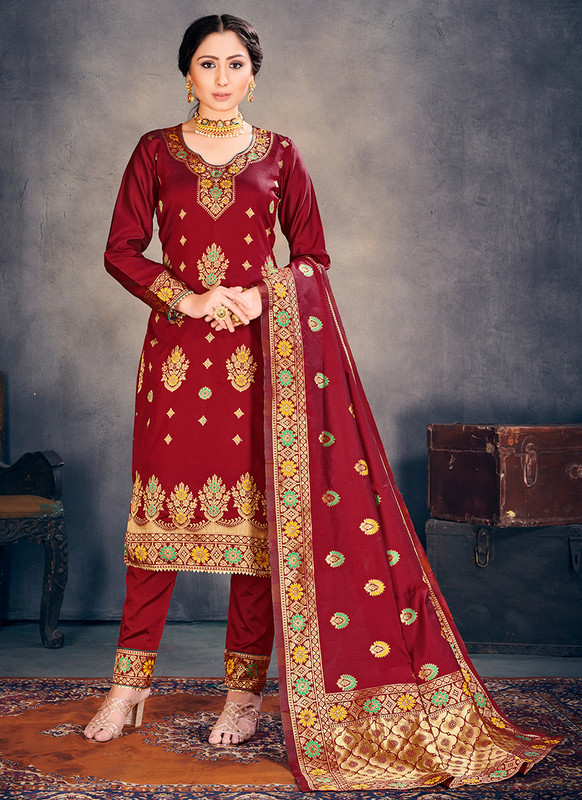 Banarasi Art Silk Maroon Salwar Suit
