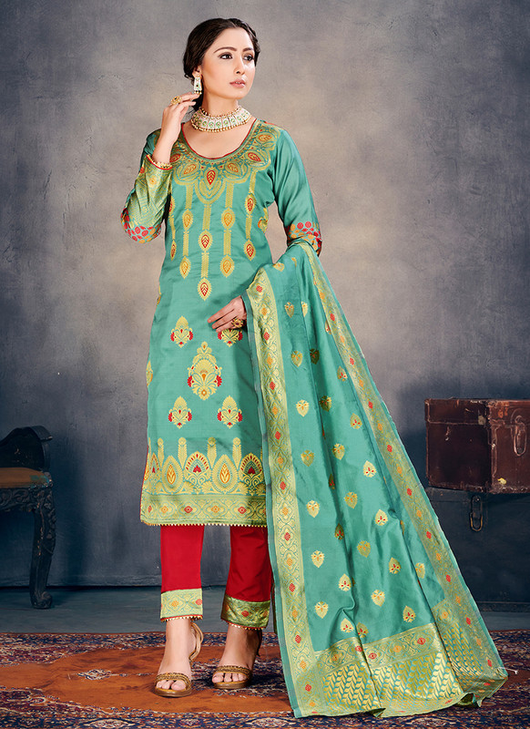 Banarasi Art Silk Teal Salwar Suit