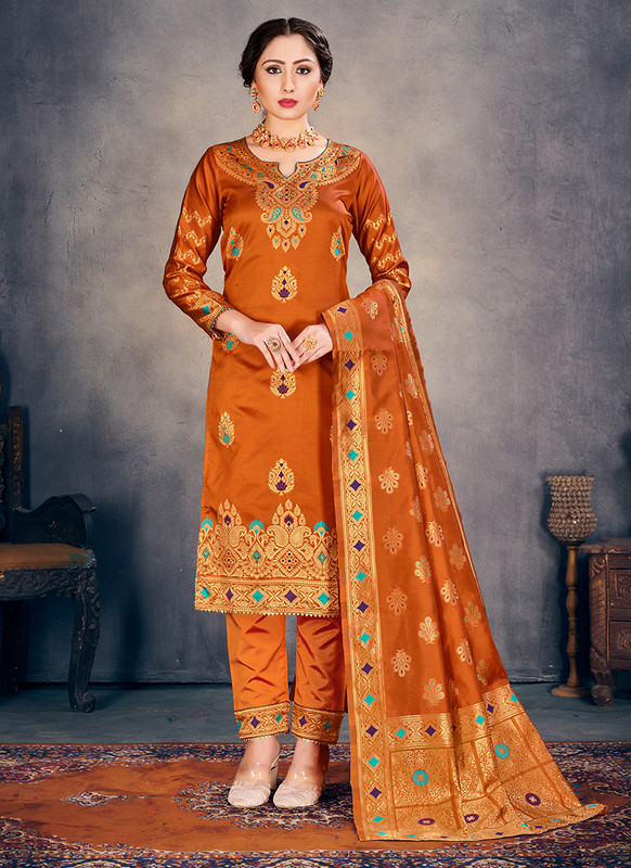 Banarasi Art Silk Orange Salwar Suit