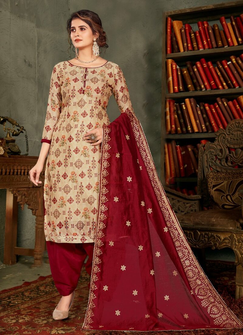 Queen Two Beige And Maroon Embroidered Chanderi Designer Pakistani Suit