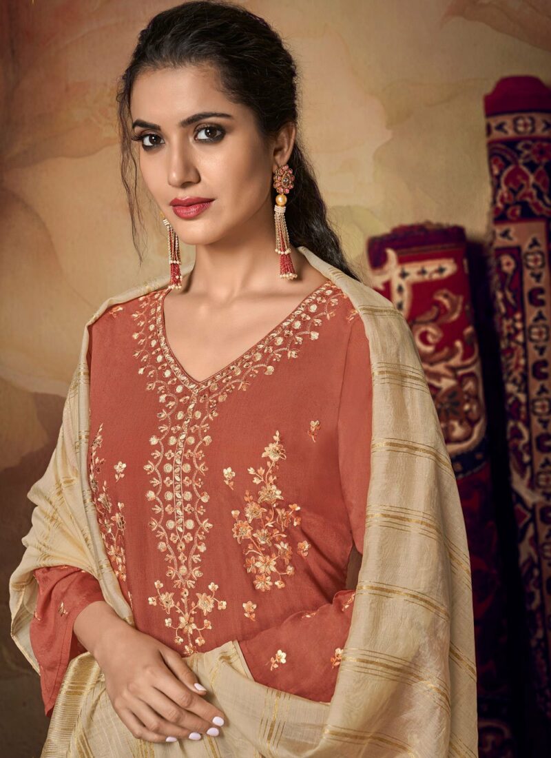 Embroidered Muslin Rust Designer Palazzo Suit