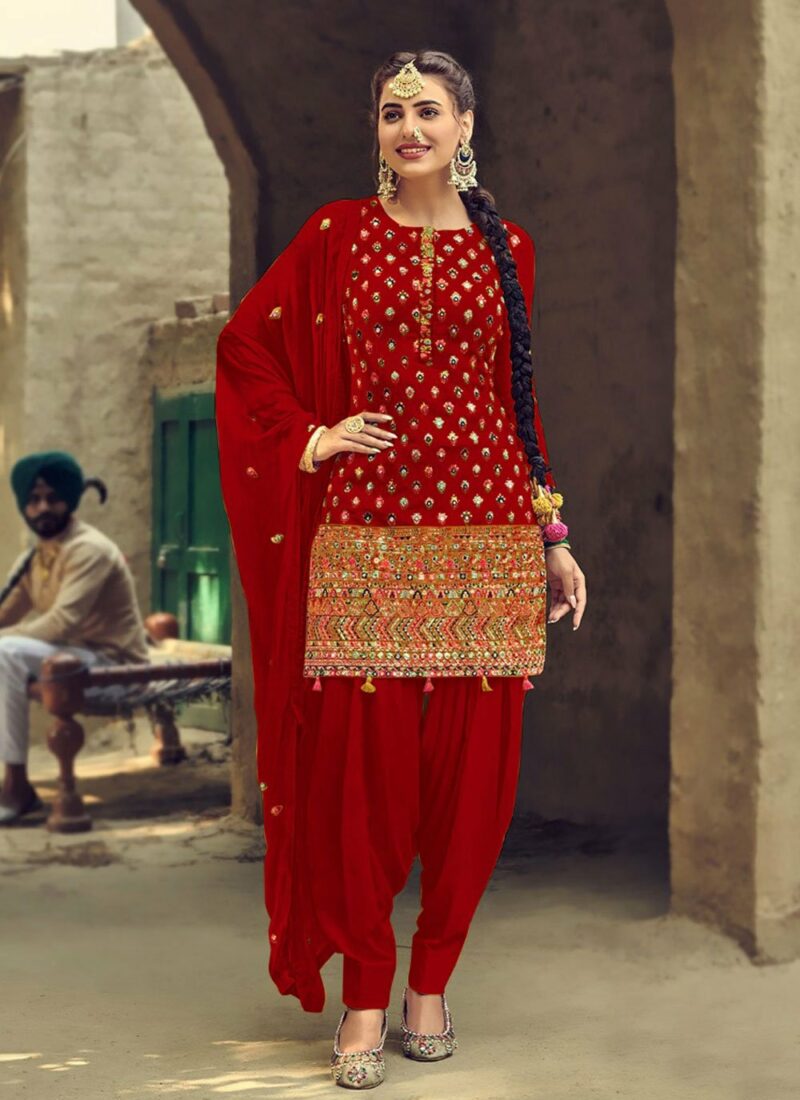 Designer Wear Faux Georgette Red Patiyala Suit