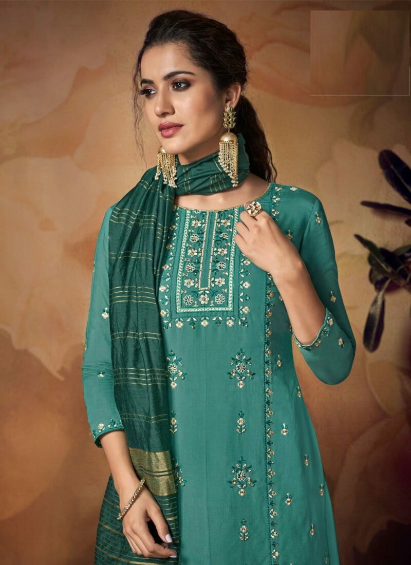 Muslin Sea Green Embroidered Designer Palazzo Suit