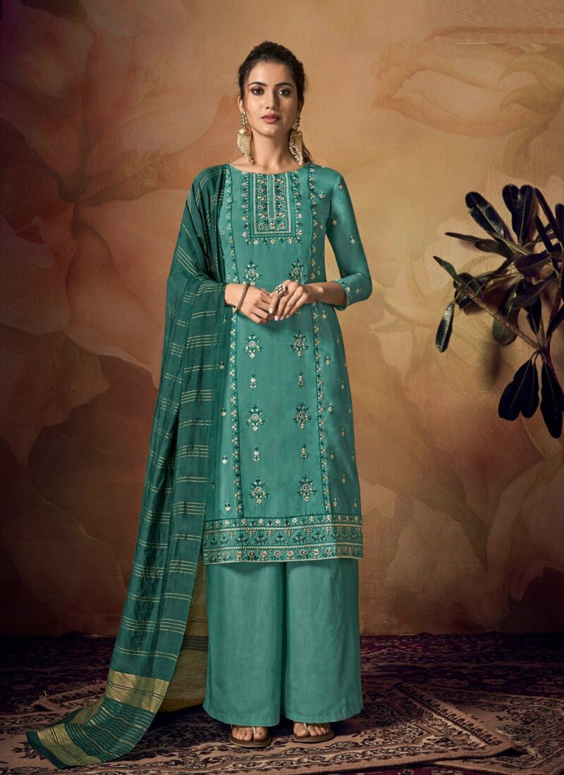 Muslin Sea Green Embroidered Designer Palazzo Suit