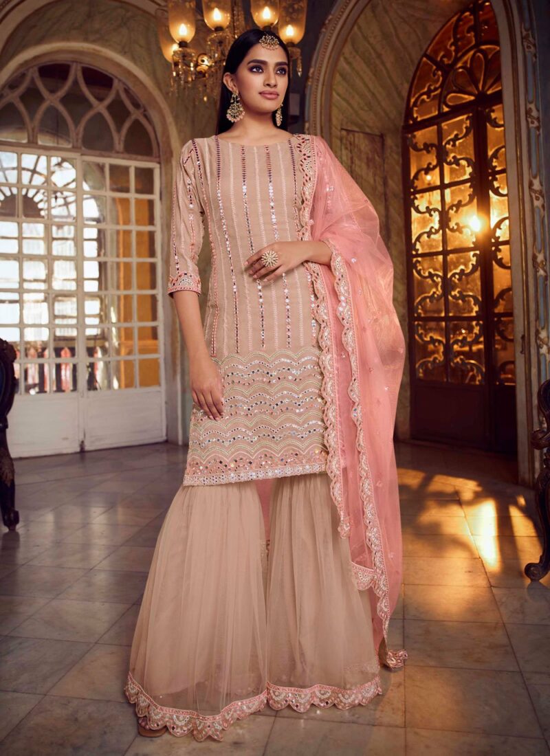 Net Mirror Designer Pakistani Suit in Peach Color