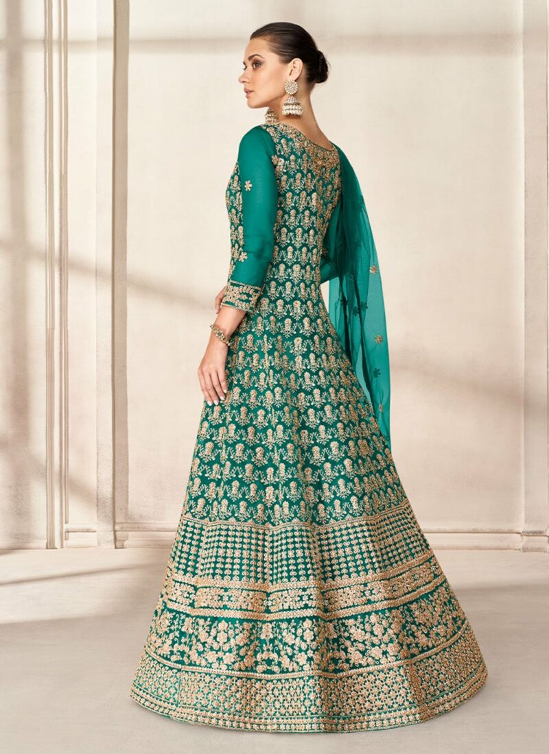 Net Turquoise Embroidered Designer Floor Length Suit