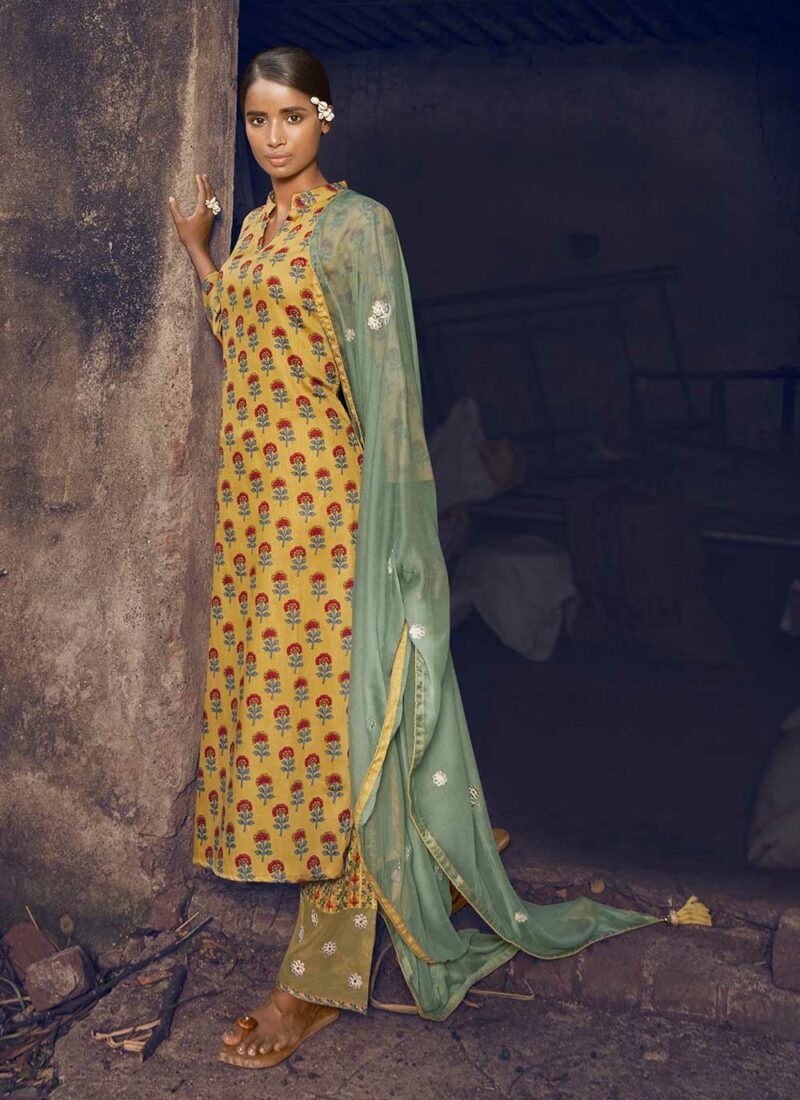Airjet Jaam Satin Pair With Cotton Bottom Yellow Color Salwar Suit
