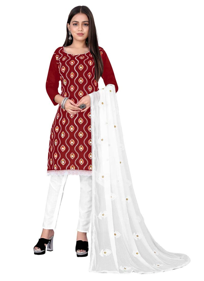 Beautified With Designer Embroidery Work Casual Maroon Churidar Suit