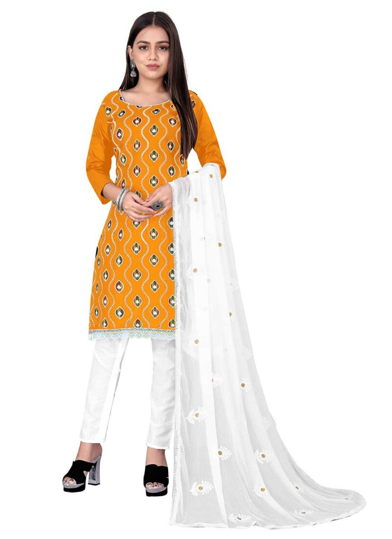 Beautified With Designer Embroidery Work Casual Orange Churidar Suit