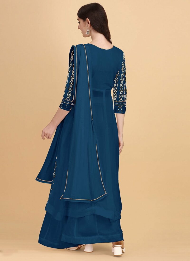 Blue Embroidered Faux Georgette Designer Palazzo Suit