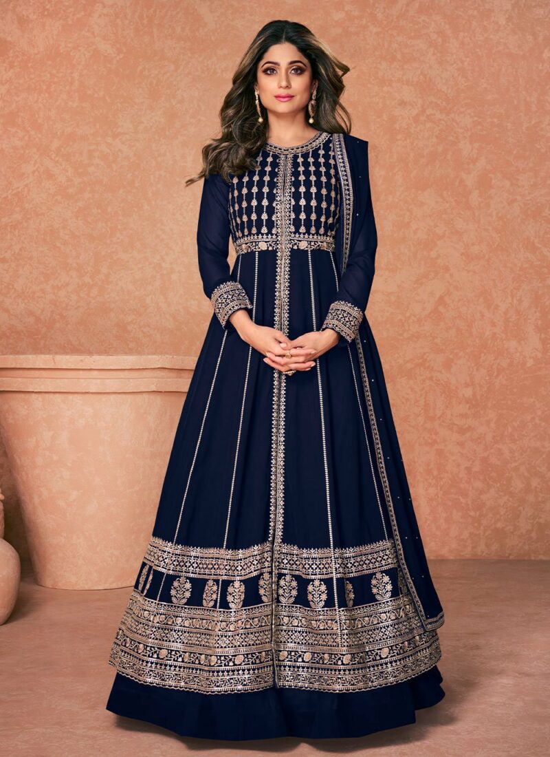 Embroidered Shamita Shetty Pure Blue Georgette Readymade Anarkali Suit