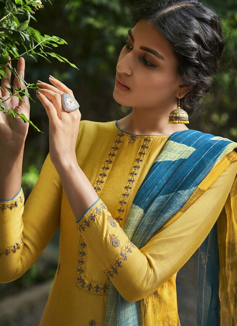 Embroidered Yellow Silk Salwar Suit